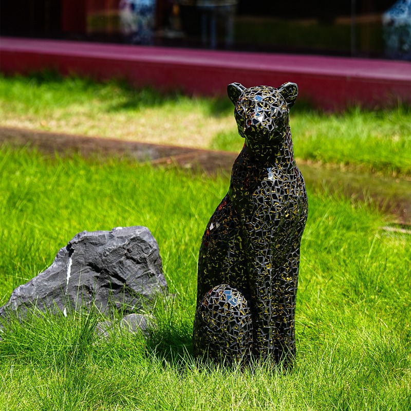 Home Office Sofa - Siyah Altın Cam Yama Leopar Heykel