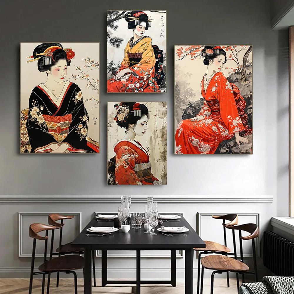 Home Office Room Inspiration - Zarif Kimono Geisha tuval duvar sanatı