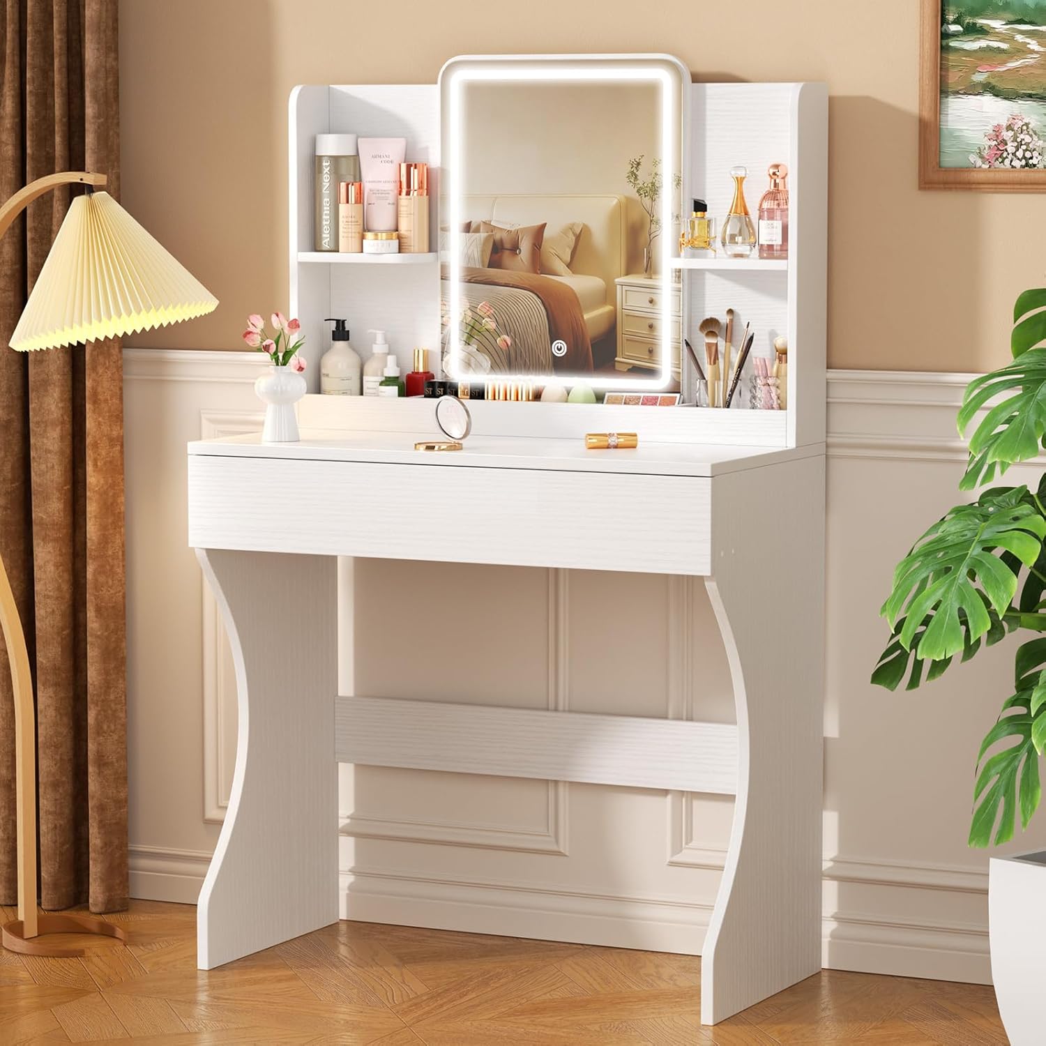 Desk Drawer Small - Beyaz Küçük Makyaj Masası, Aynalı, Işıklı,