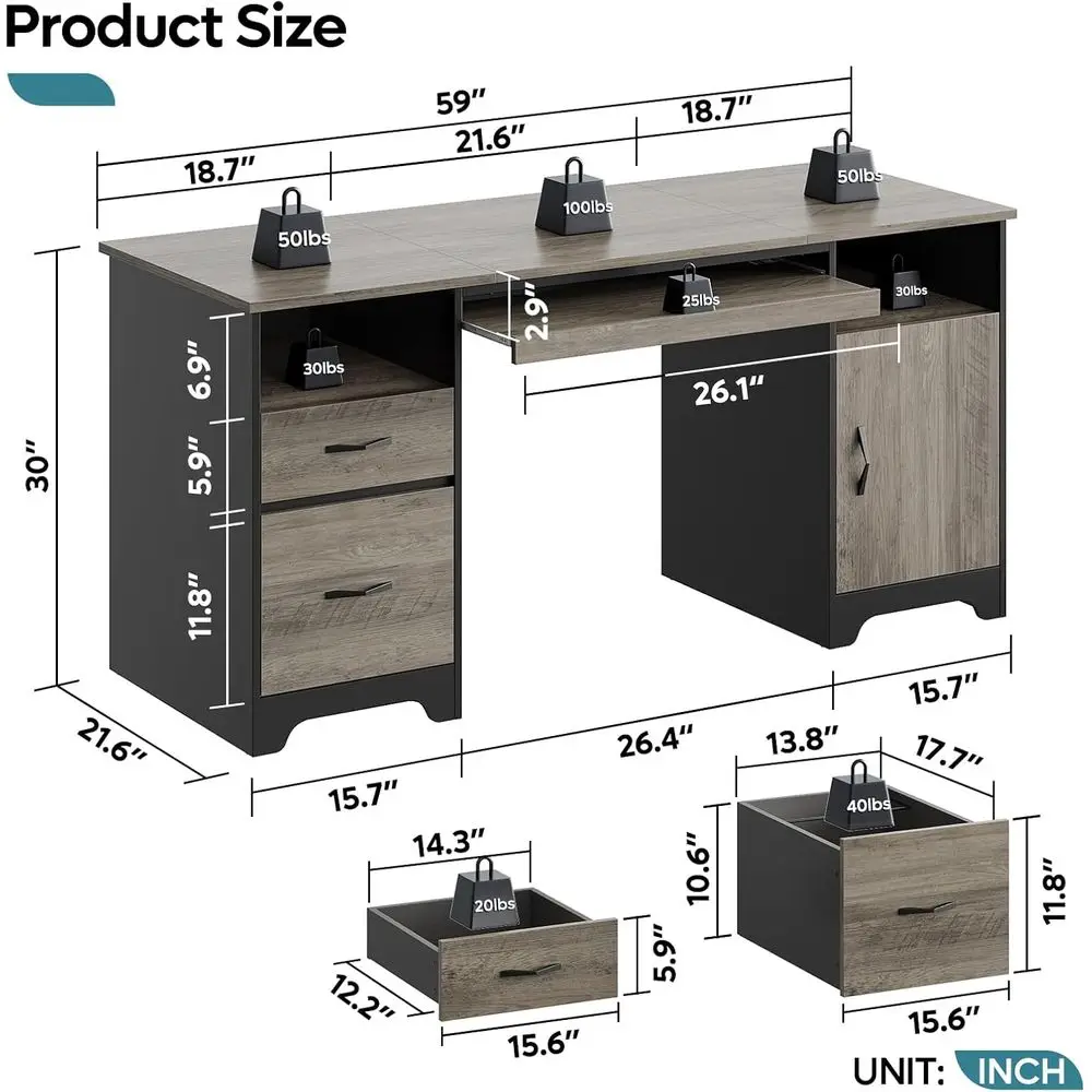 Gri 59 inçlik Yönetici Masası, - Drawer Pedestal Cabinet incelemesi ve fiyatı